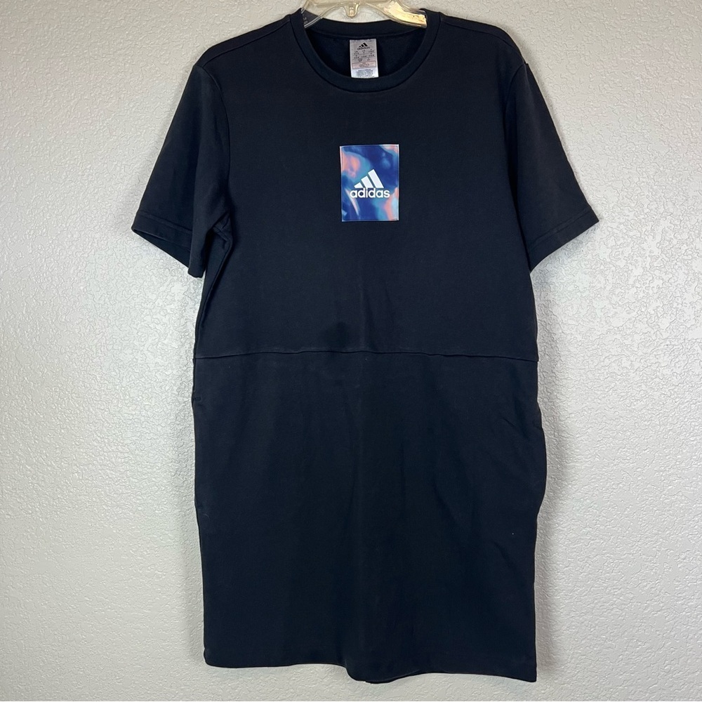 Adidas Women's Black T-Shirt Dress featuring a central graphic logo Small
